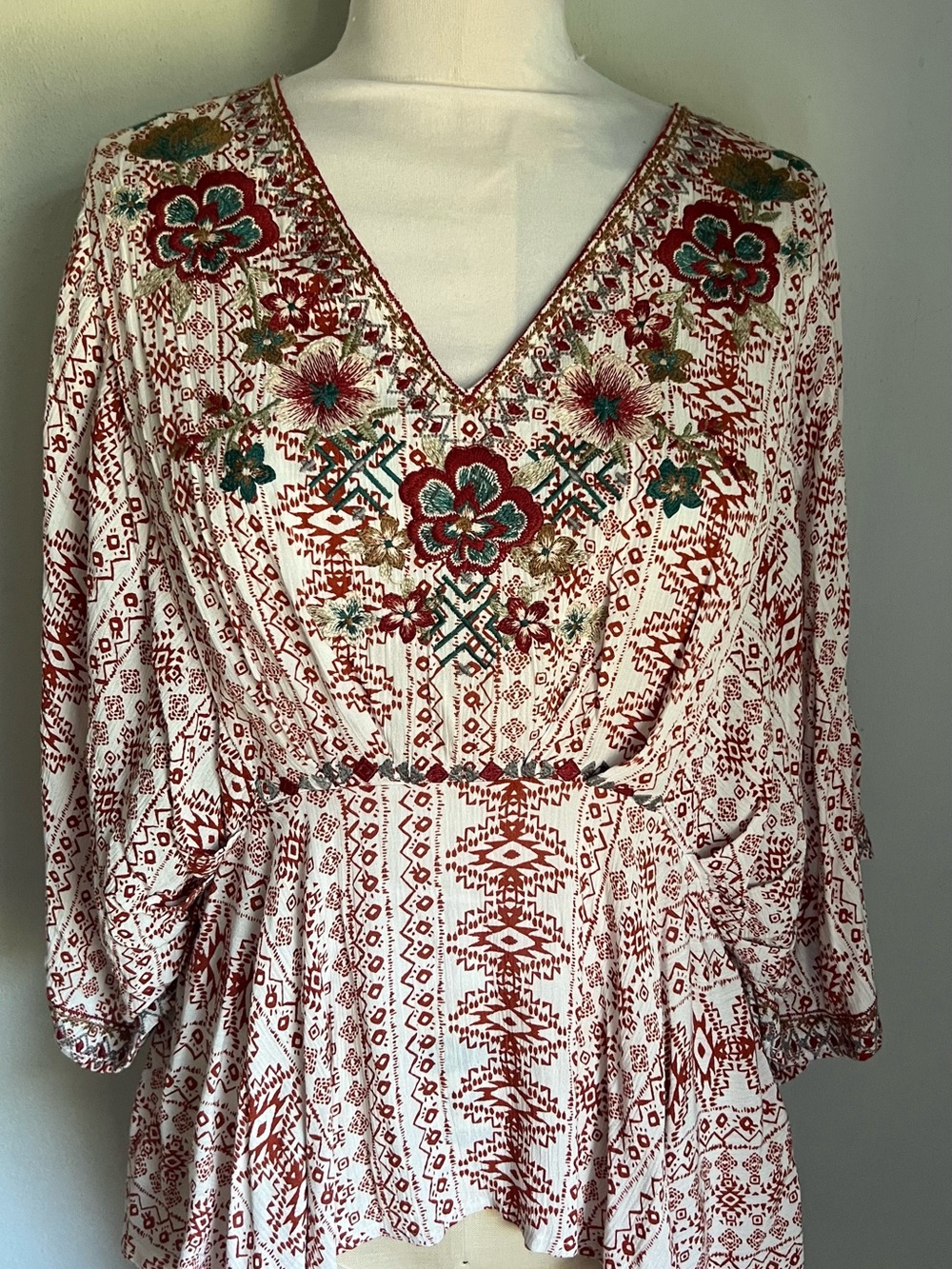 T.J.Maxx Rust Cream Ethnic Print Blouse with Rust & Teal Embroidery